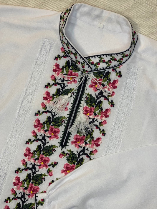 White Men's Vyshyvanka Shirt with Pink Embroidery