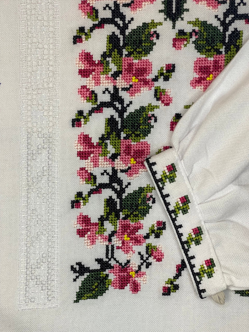 White Men's Vyshyvanka Shirt with Pink Embroidery