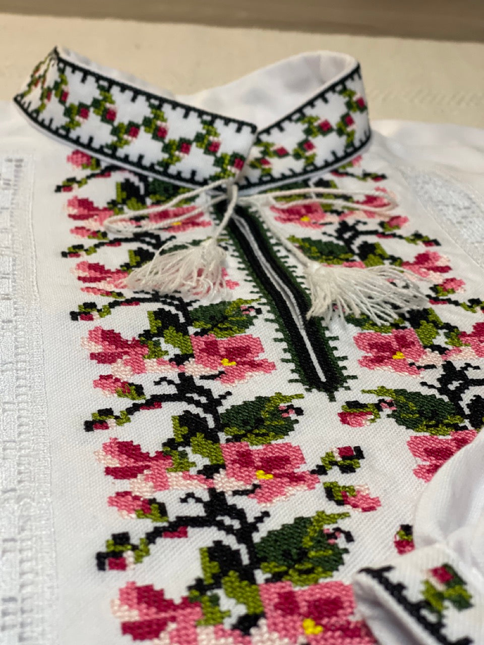White Men's Vyshyvanka Shirt with Pink Embroidery