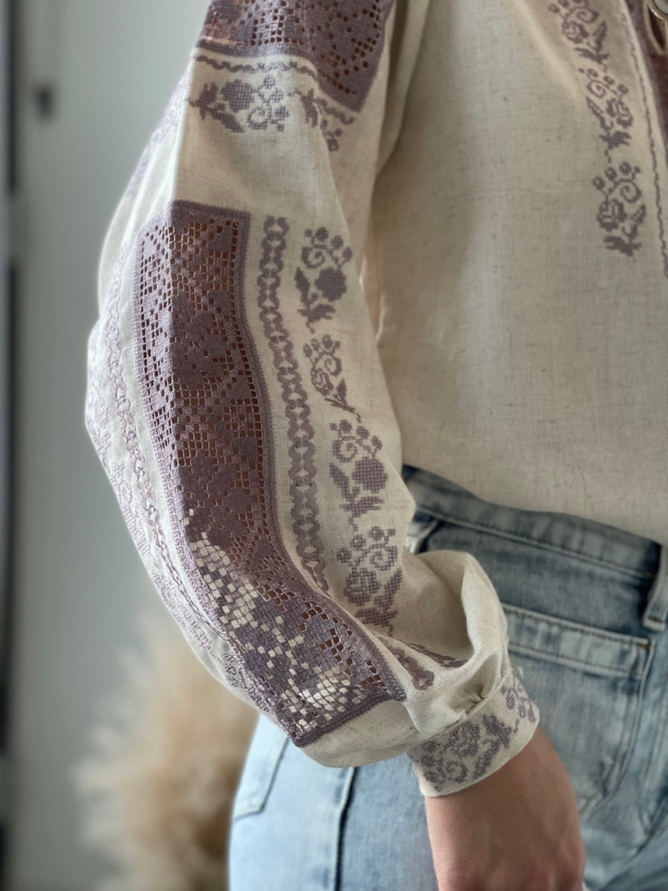 The White Women's Blouse with Purple-Grey Embroidery and Lace