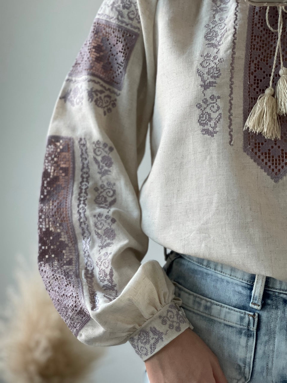 The White Women's Blouse with Purple-Grey Embroidery and Lace