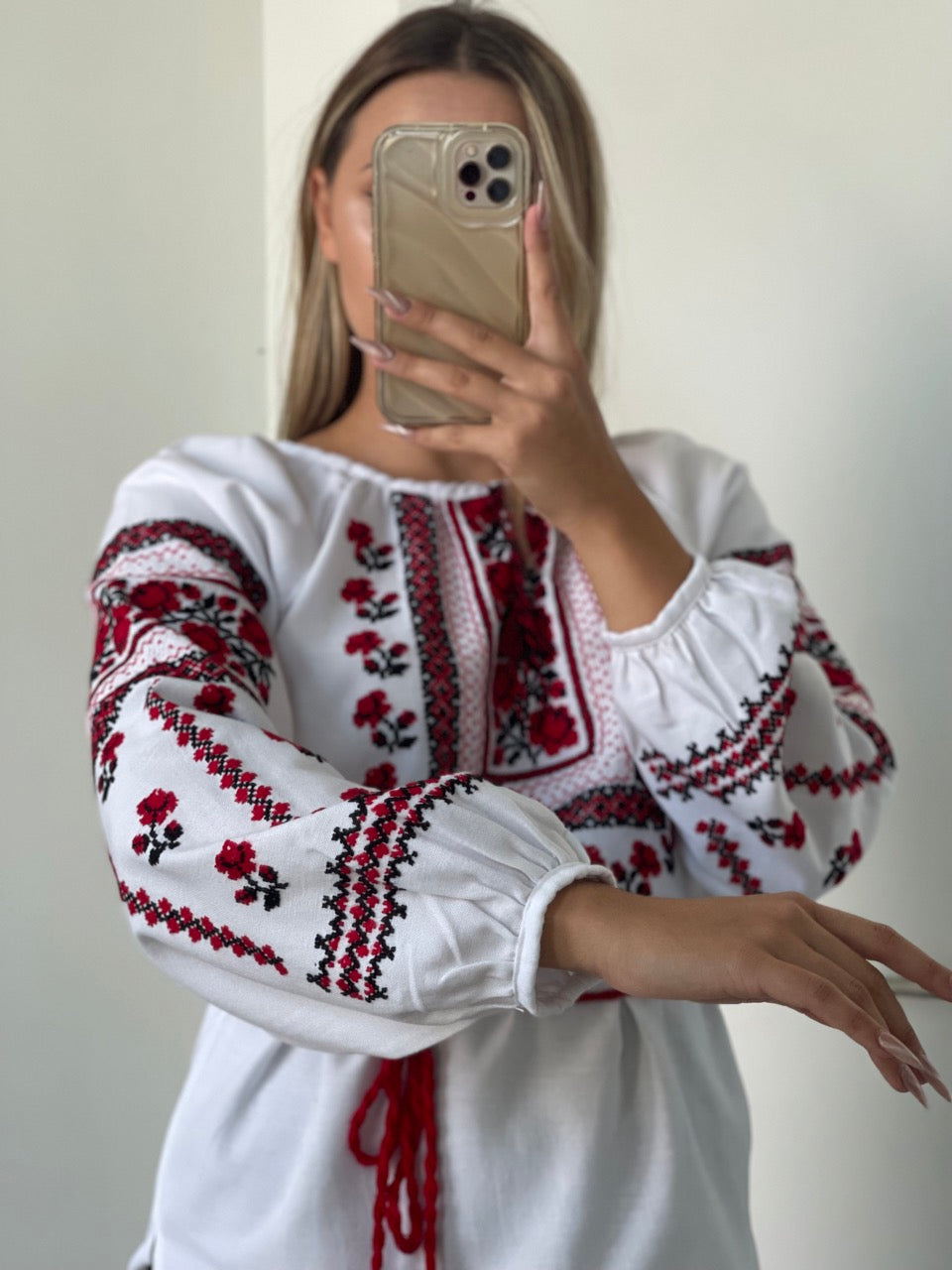 The Elegant White Blouse with Red&Black Hand Embroidery