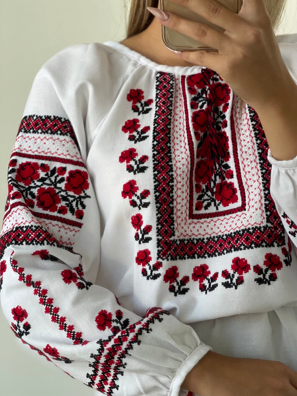 The Elegant White Blouse with Red&Black Hand Embroidery