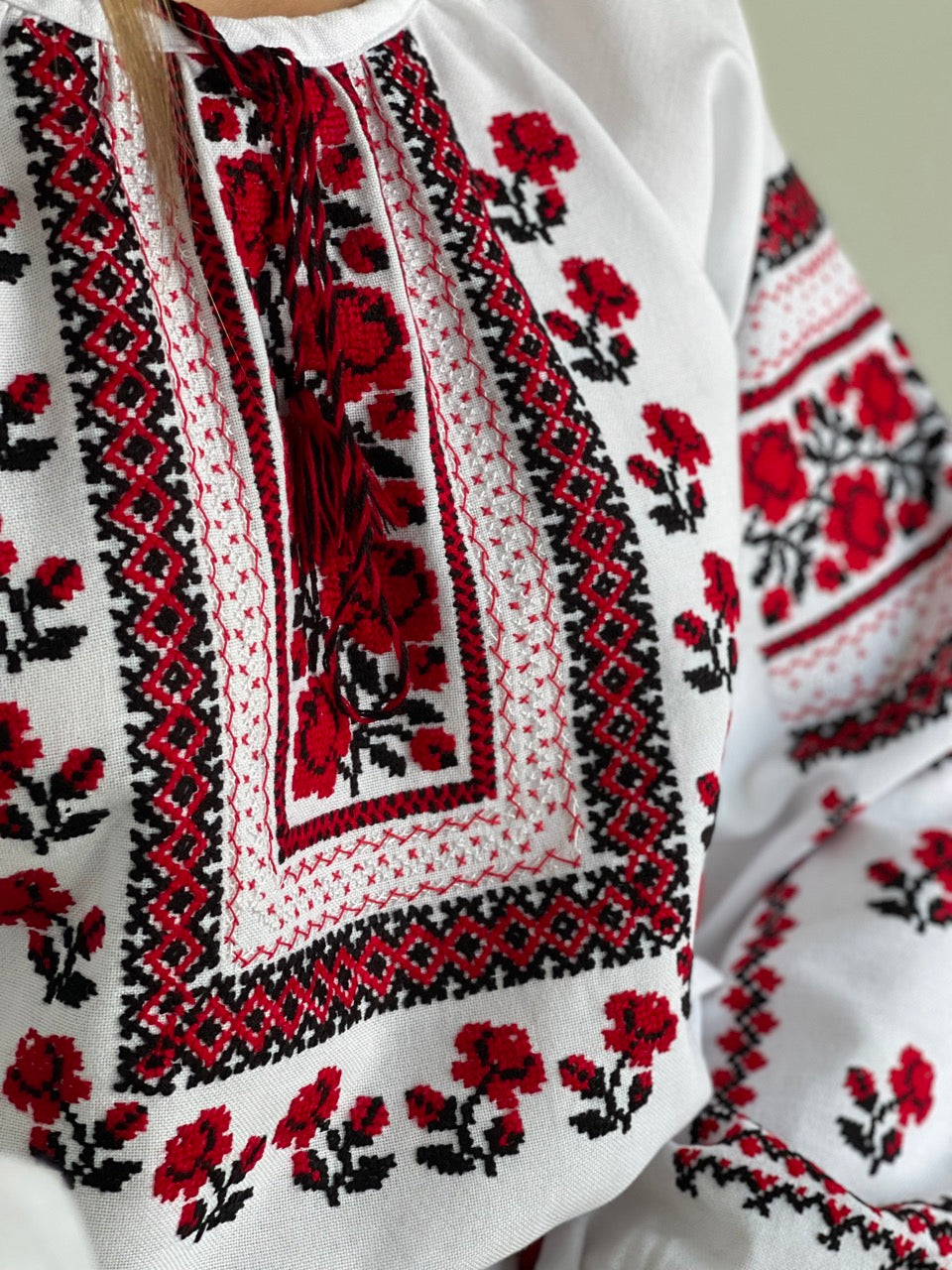 The Elegant White Blouse with Red&Black Hand Embroidery