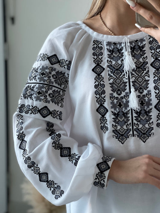 The White Blouse with Grey Embroidery