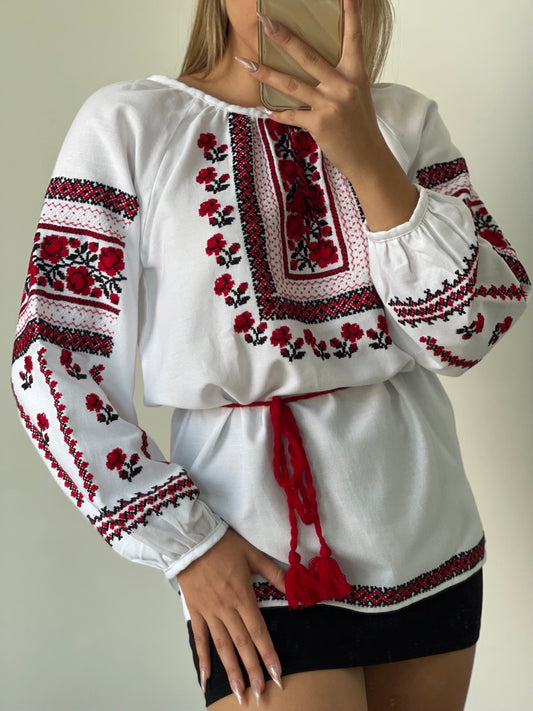 The Elegant White Blouse with Red&Black Hand Embroidery