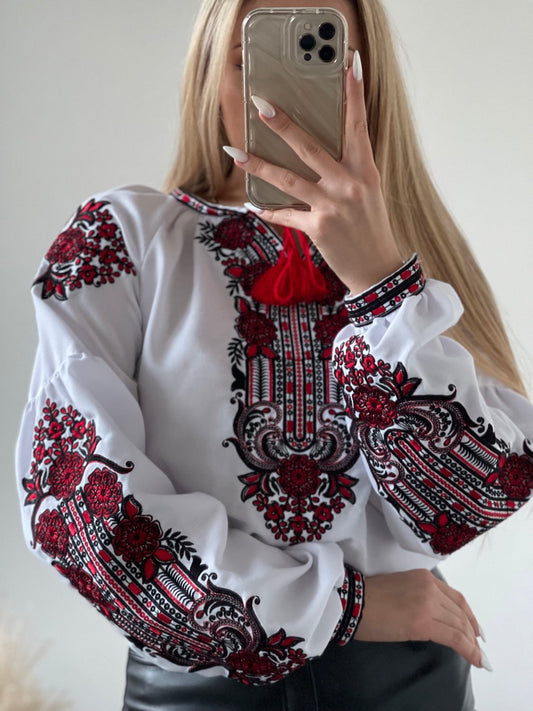 The White Women's Blouse with Red and Black Embroidery