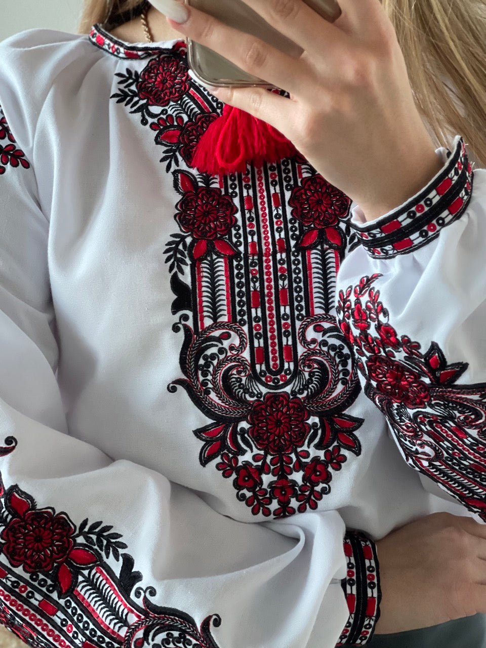 The White Women's Blouse with Red and Black Embroidery