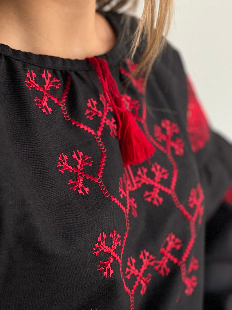 The Black Blouse with Red Embroidery and Richelieu