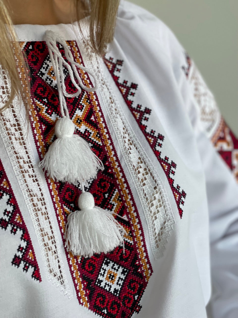 The White Blouse with Elegant Red Embroidery and Richelieu