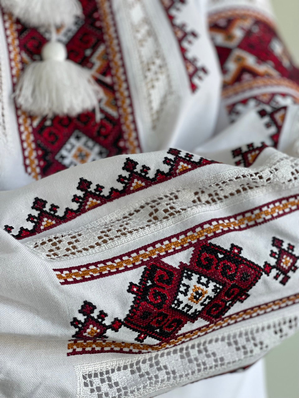 The White Blouse with Elegant Red Embroidery and Richelieu