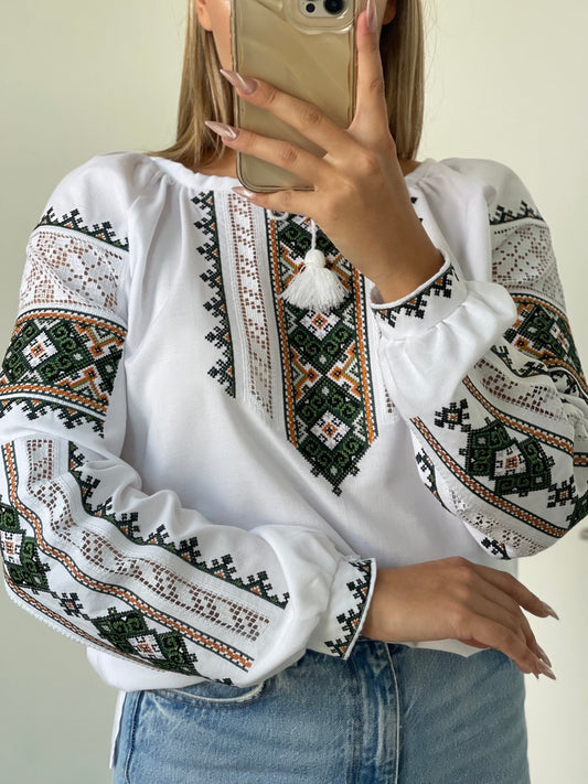 The White Blouse with Elegant Green Embroidery and Richelieu