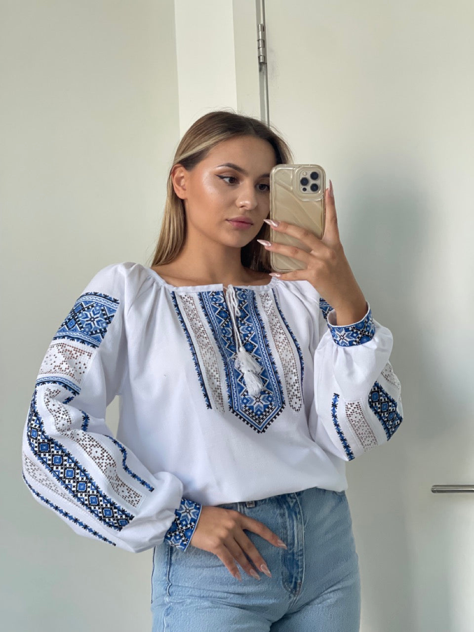 The White Blouse with Elegant Blue Embroidery and Richelieu