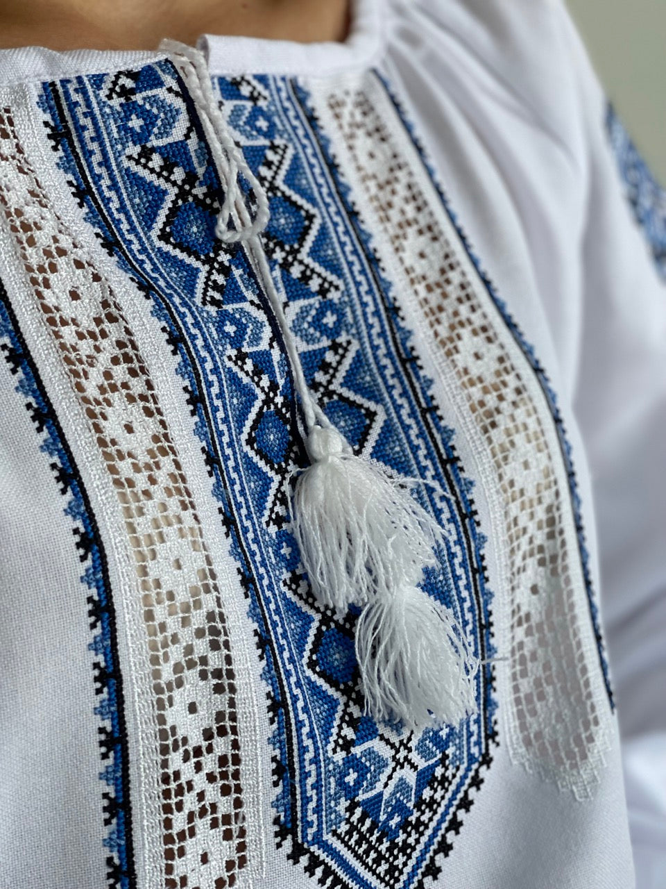 The White Blouse with Elegant Blue Embroidery and Richelieu