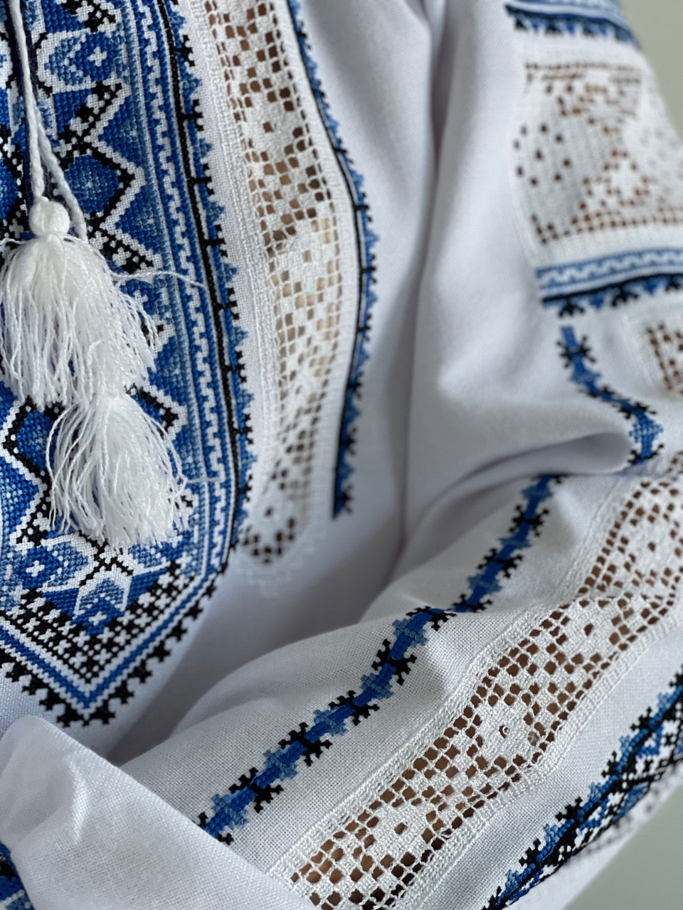 The White Blouse with Elegant Blue Embroidery and Richelieu