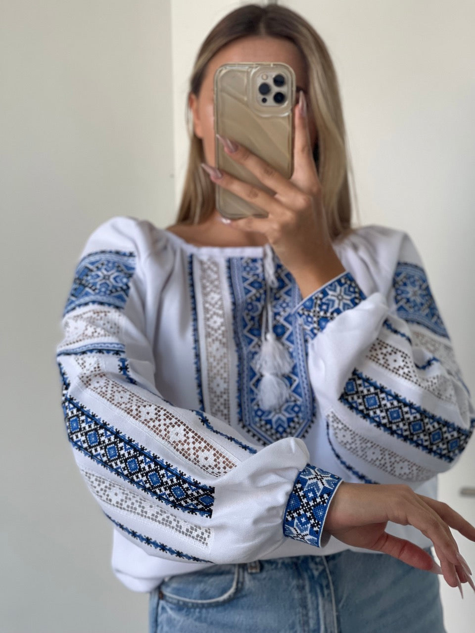 The White Blouse with Elegant Blue Embroidery and Richelieu