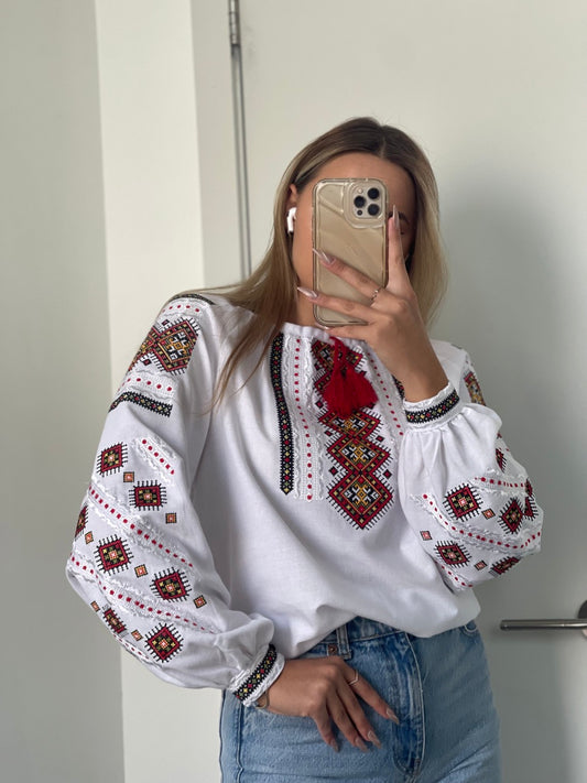 The White Women's Blouse with Beautiful Colourful Embroidery