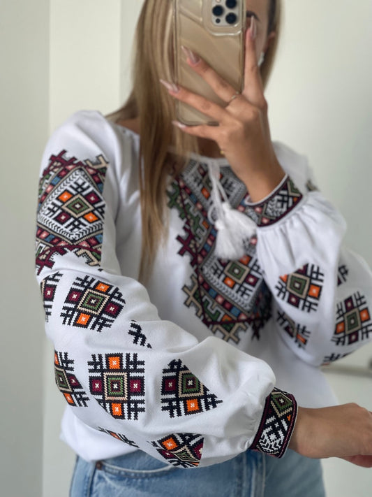 The White Women's Blouse with Colourful Embroidery