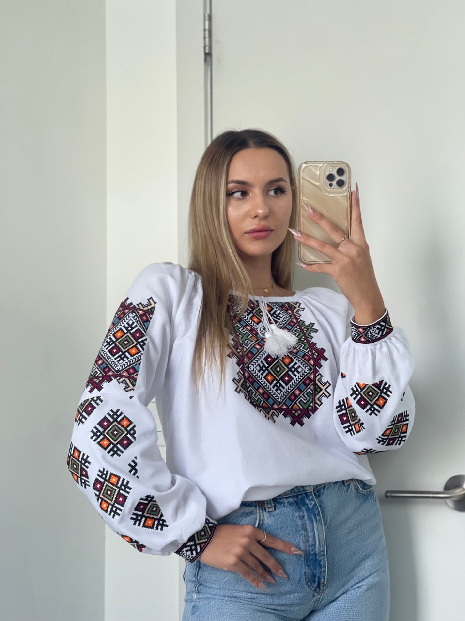 The White Women's Blouse with Colourful Embroidery