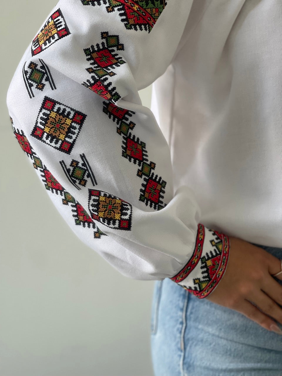 The White Women's Blouse with Red&Green Embroidery