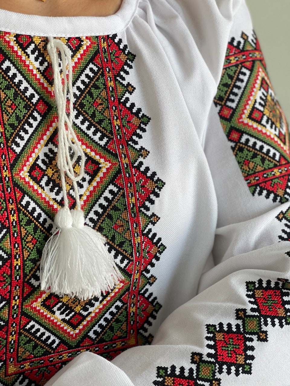 The White Women's Blouse with Red&Green Embroidery