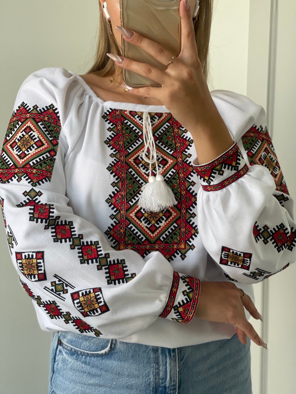 The White Women's Blouse with Red&Green Embroidery