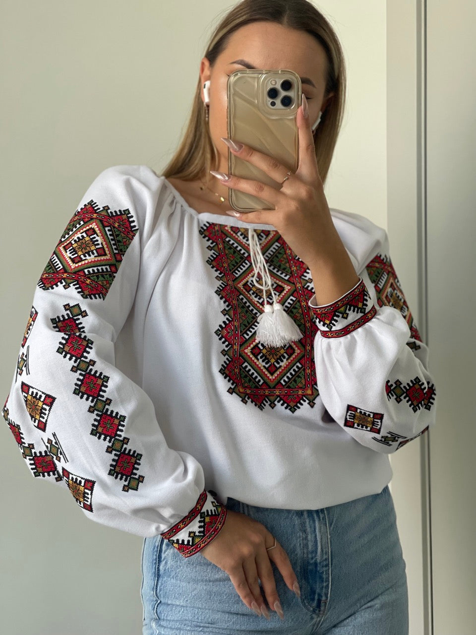 The White Women's Blouse with Red&Green Embroidery