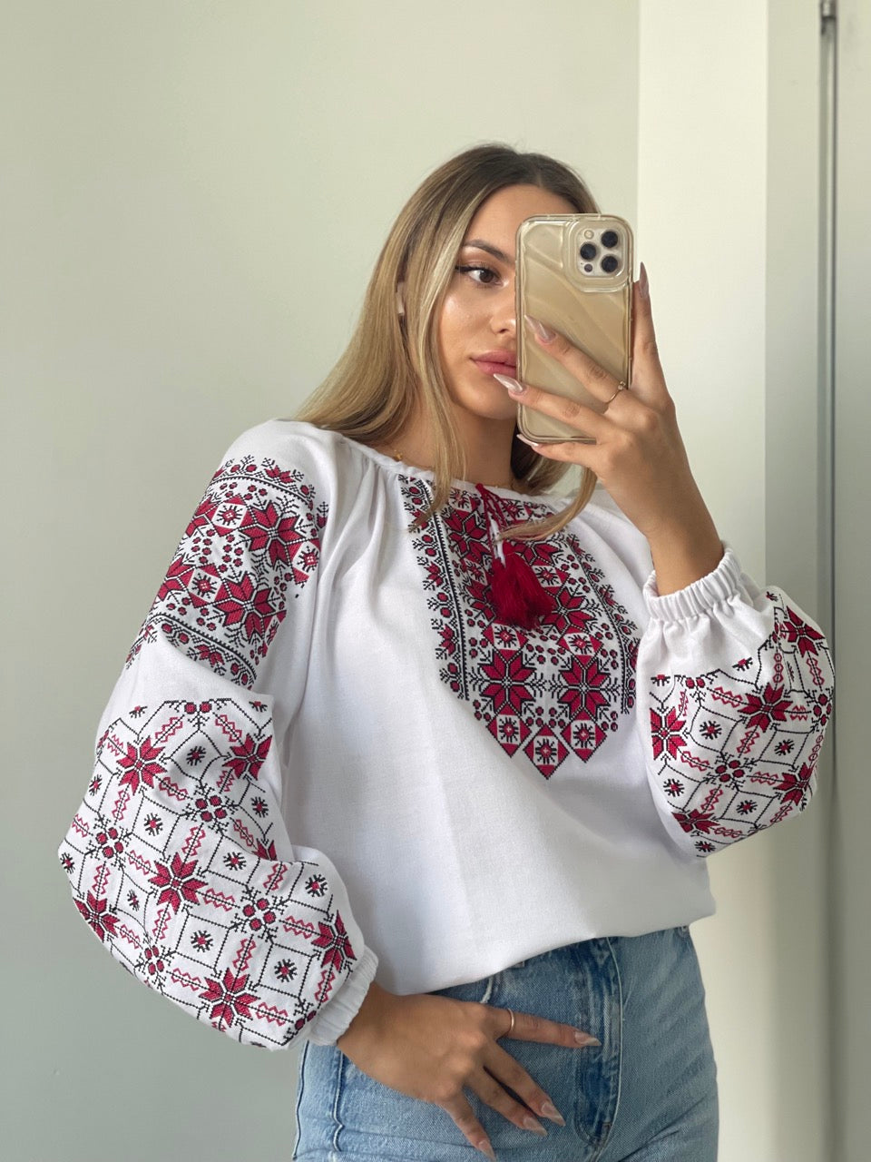 The White Women's Blouse with Red and Black Embroidery