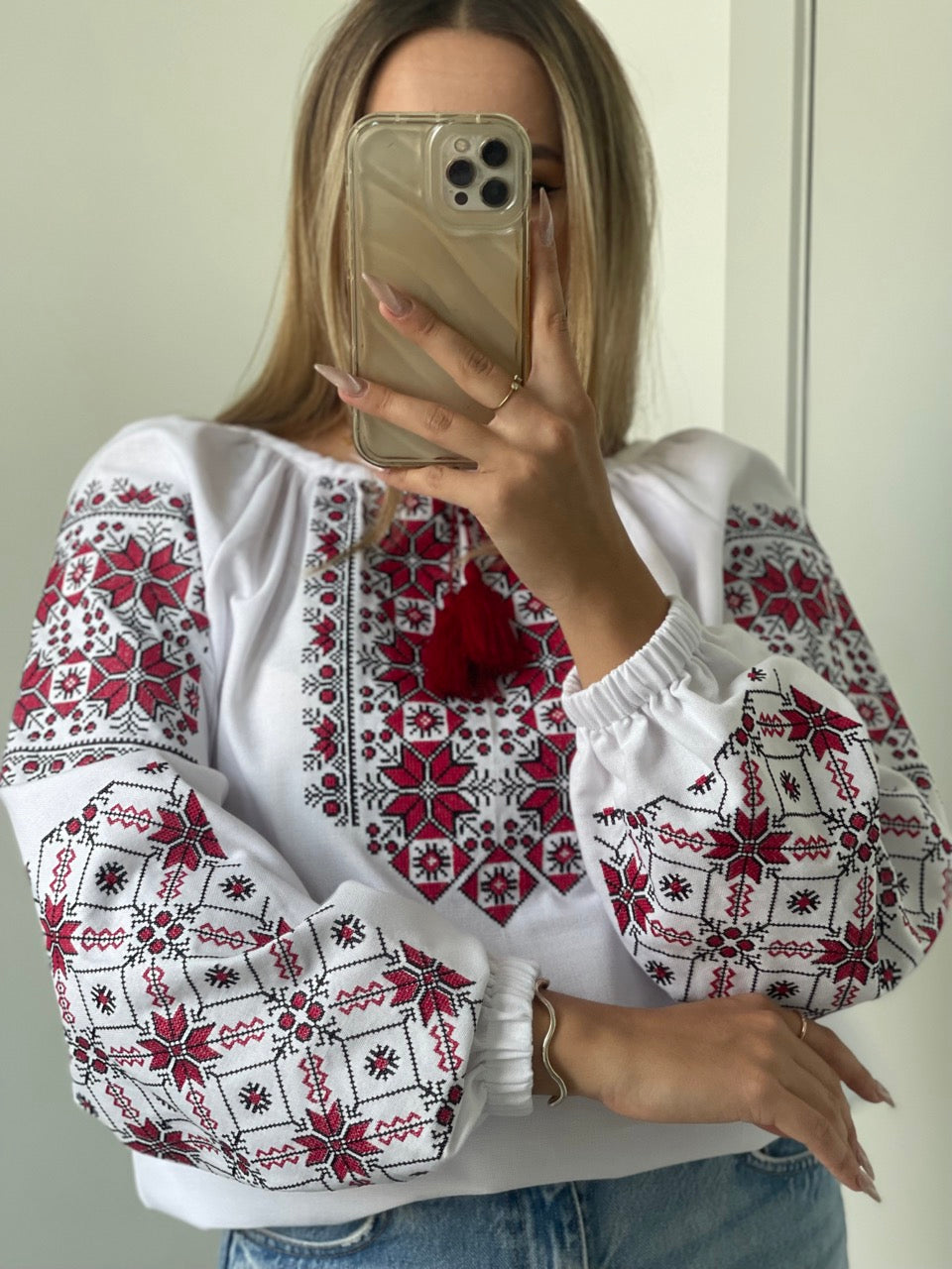 The White Women's Blouse with Red and Black Embroidery