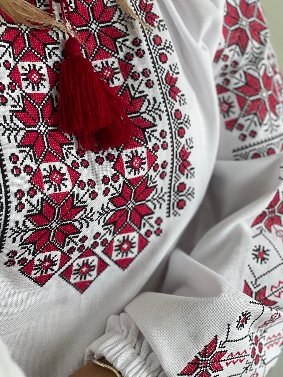 The White Women's Blouse with Red and Black Embroidery