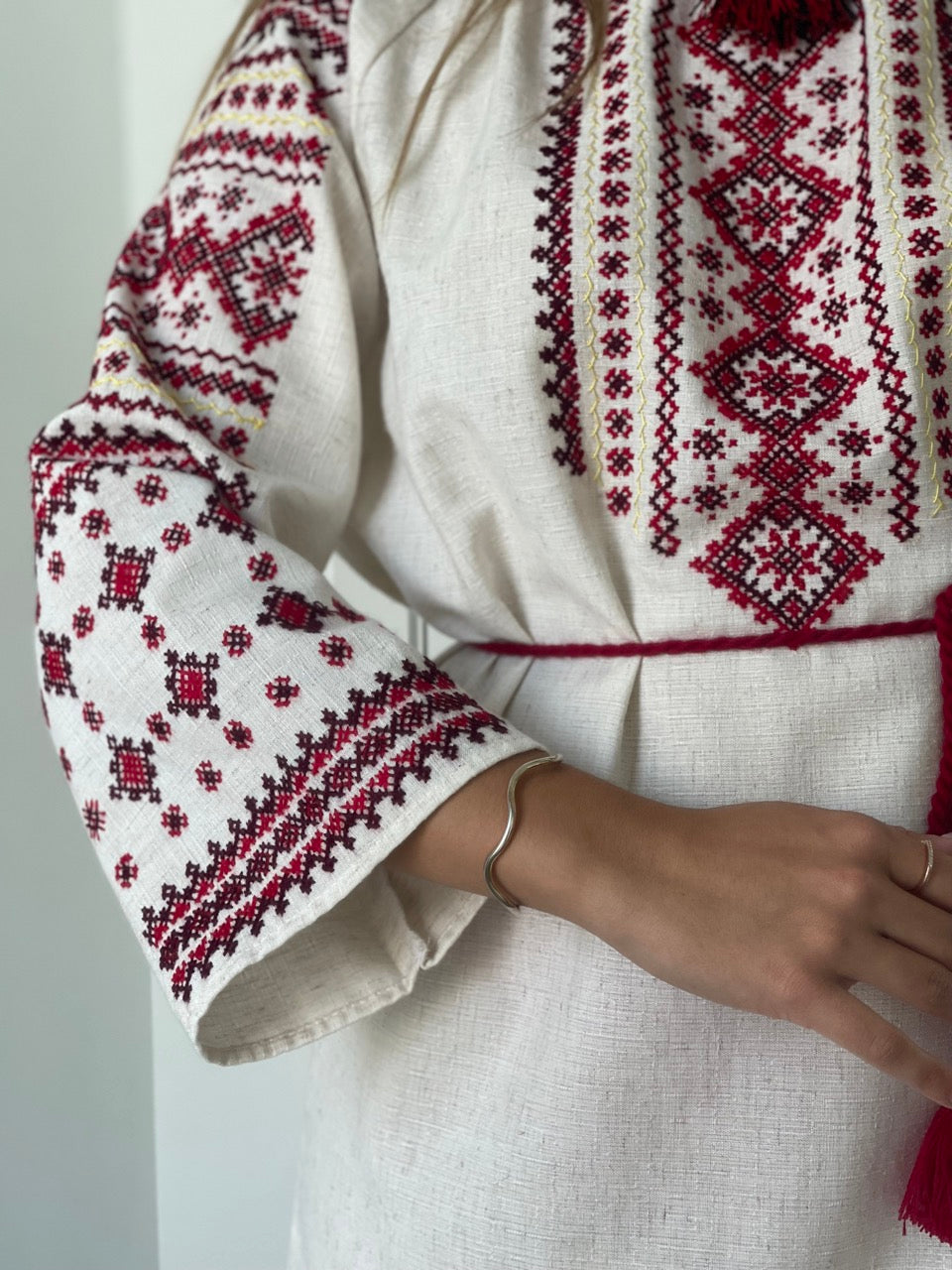 The Linen Dress with Black&Red Hand Embroidery