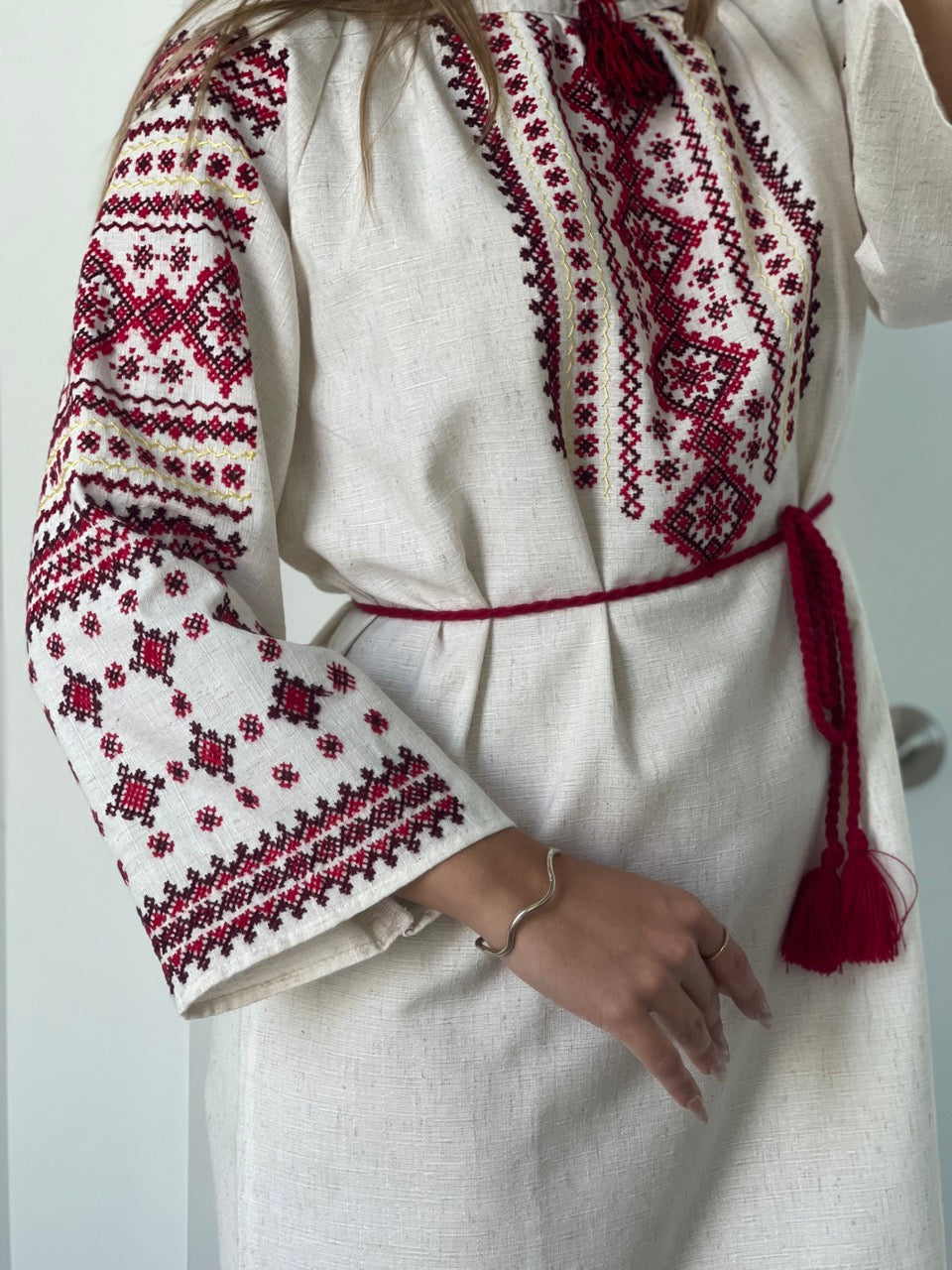 The Linen Dress with Black&Red Hand Embroidery