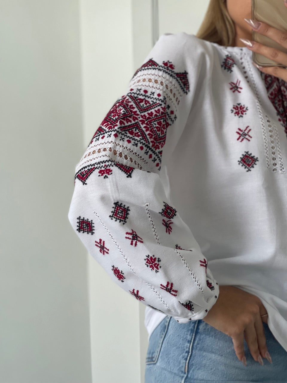 The White Blouse with Red&Black Hand Embroidery