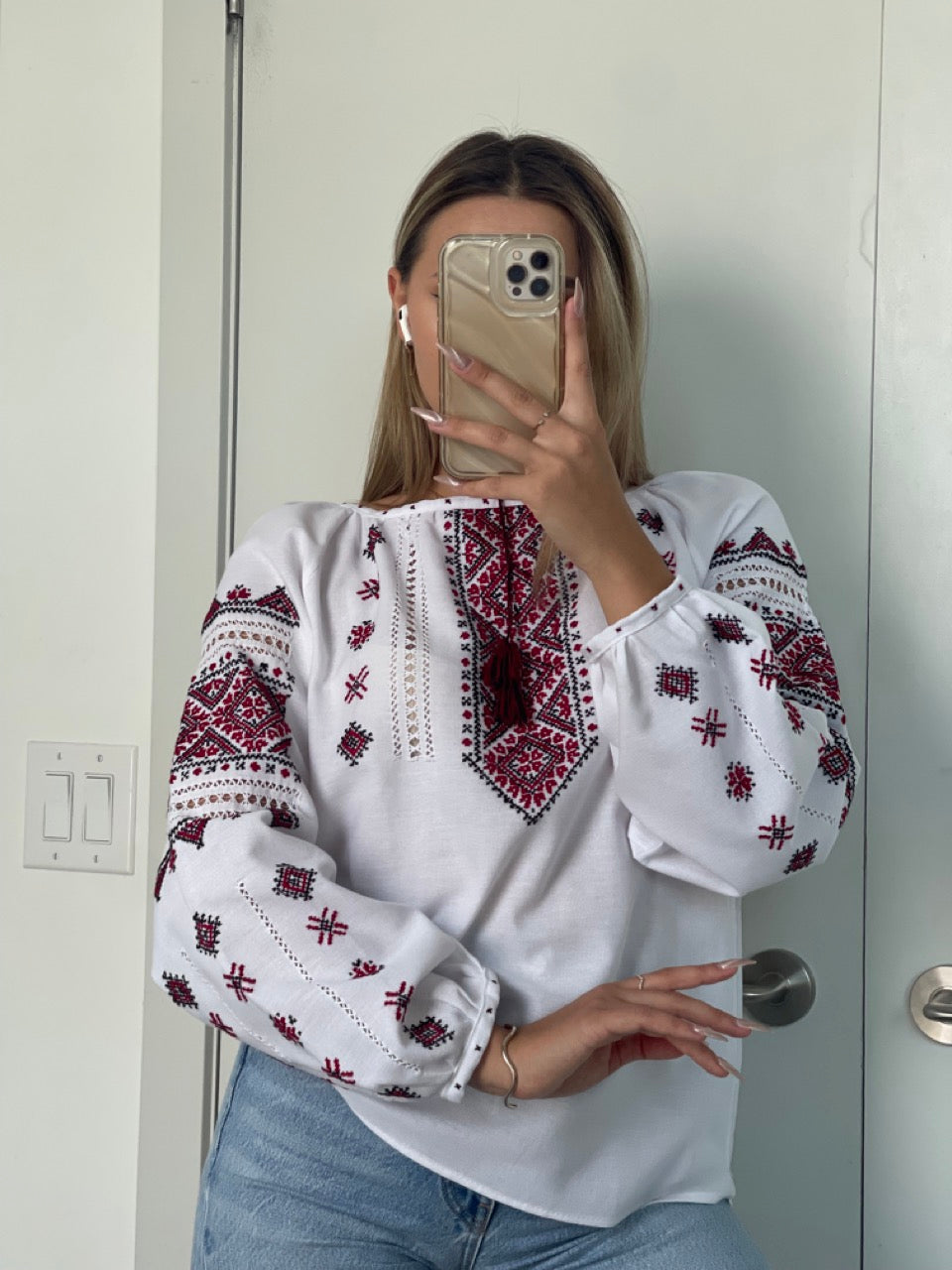 The White Blouse with Red&Black Hand Embroidery