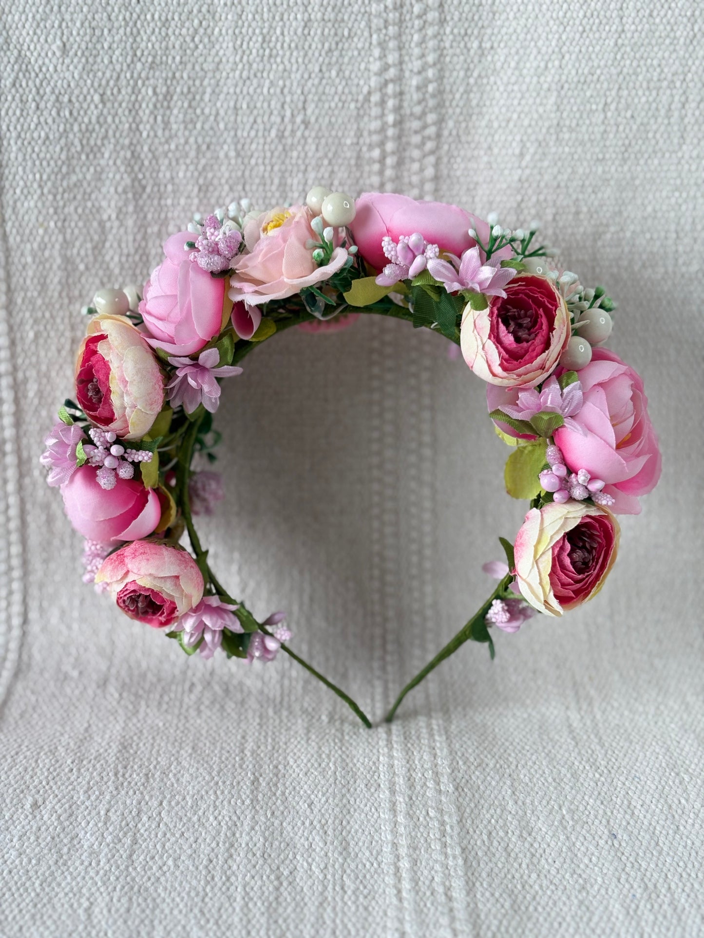 Pink Handmade Flower Crown with Rouge Peonies