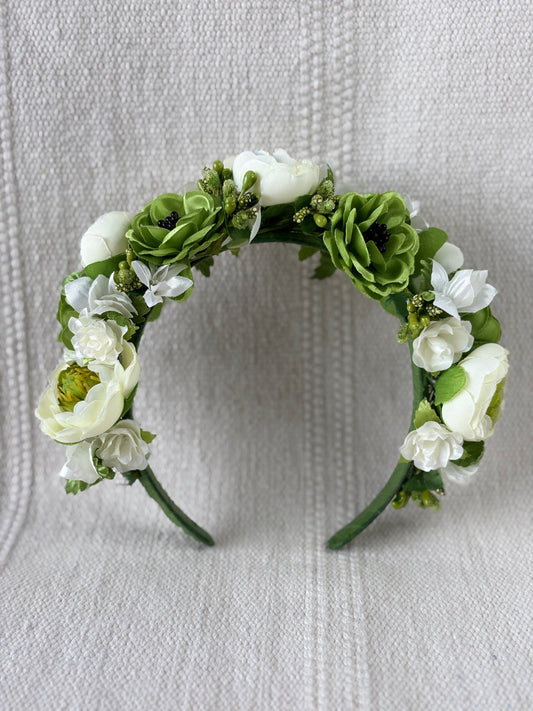 White Handmade Flower Crown with Green Flowers