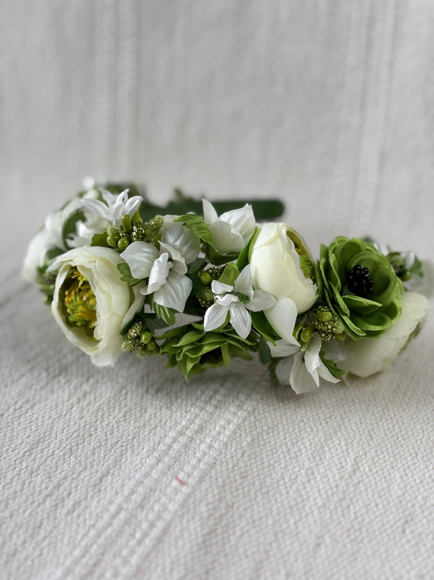 White Handmade Flower Crown with Green Flowers