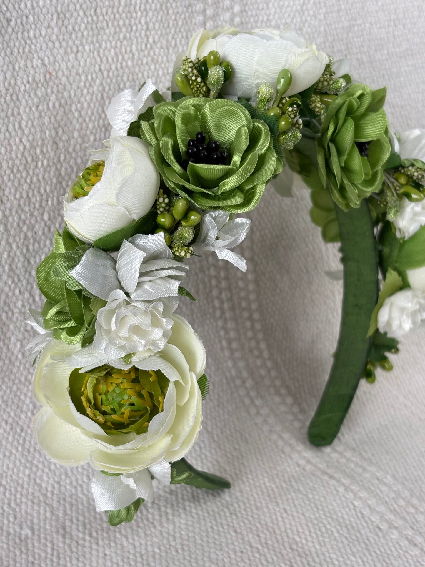 White Handmade Flower Crown with Green Flowers