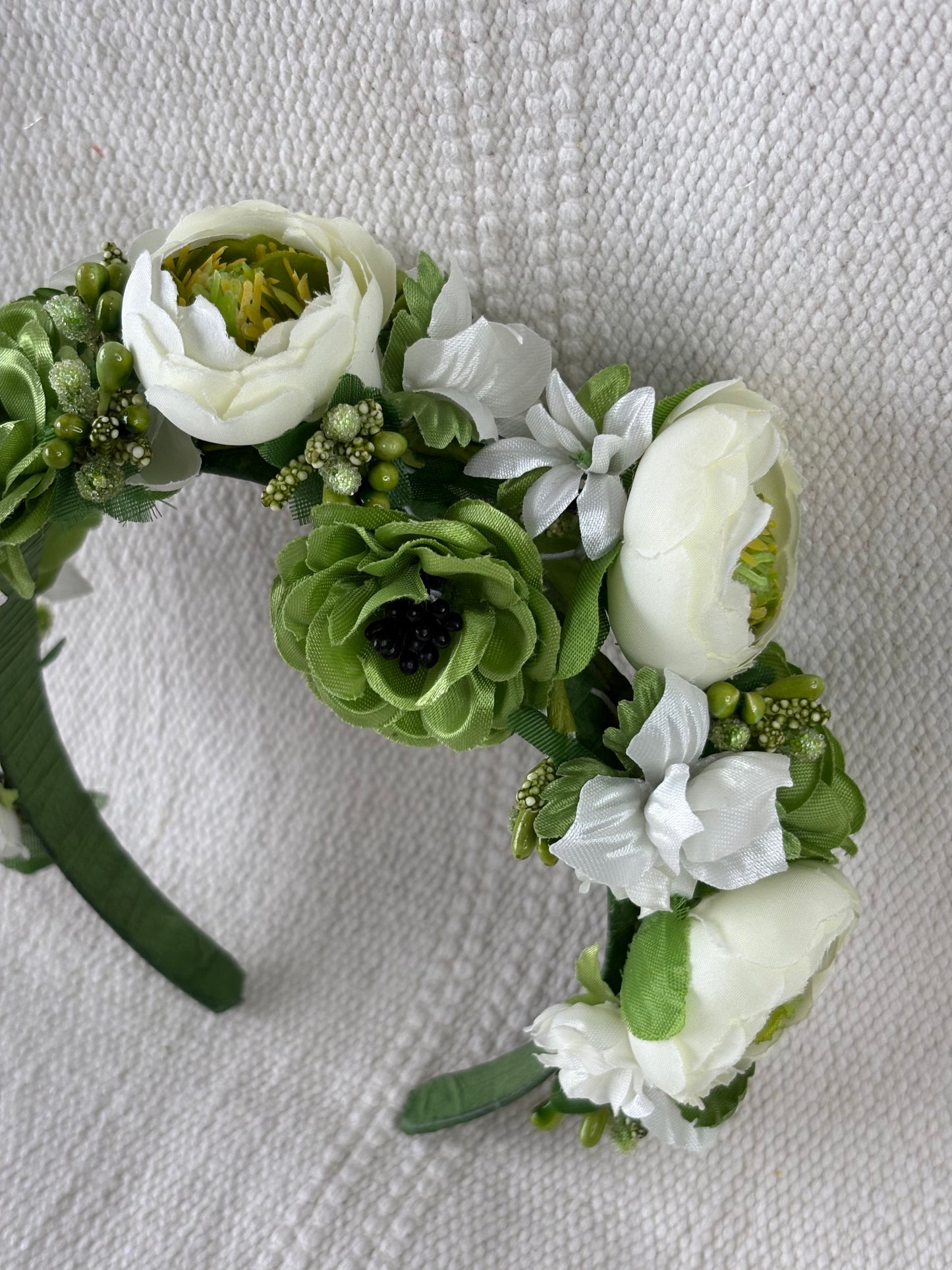 White Handmade Flower Crown with Green Flowers