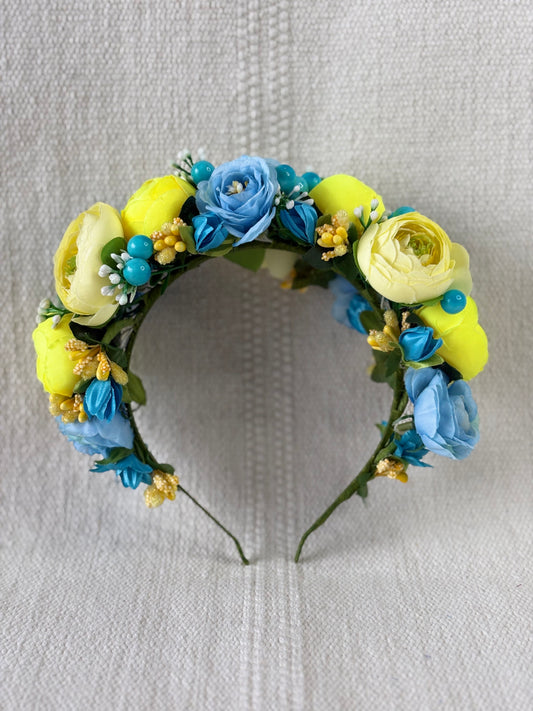 Yellow Handmade Flower Crown with Sky Blue Flowers