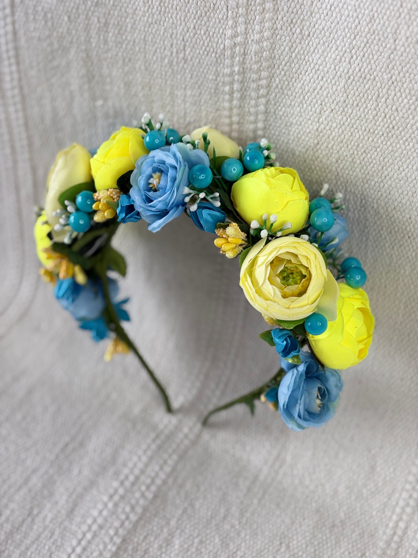 Yellow Handmade Flower Crown with Sky Blue Flowers