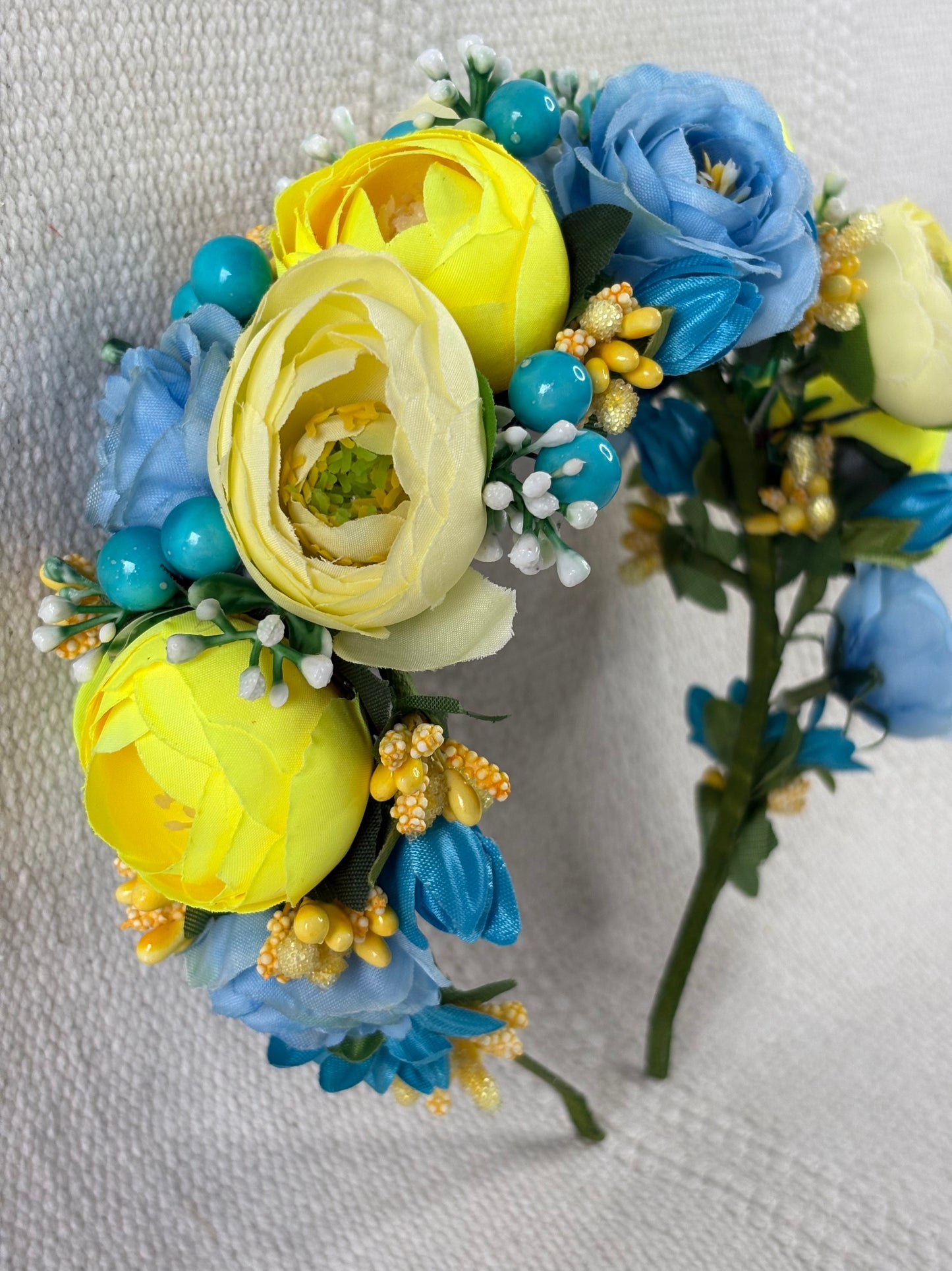 Yellow Handmade Flower Crown with Sky Blue Flowers