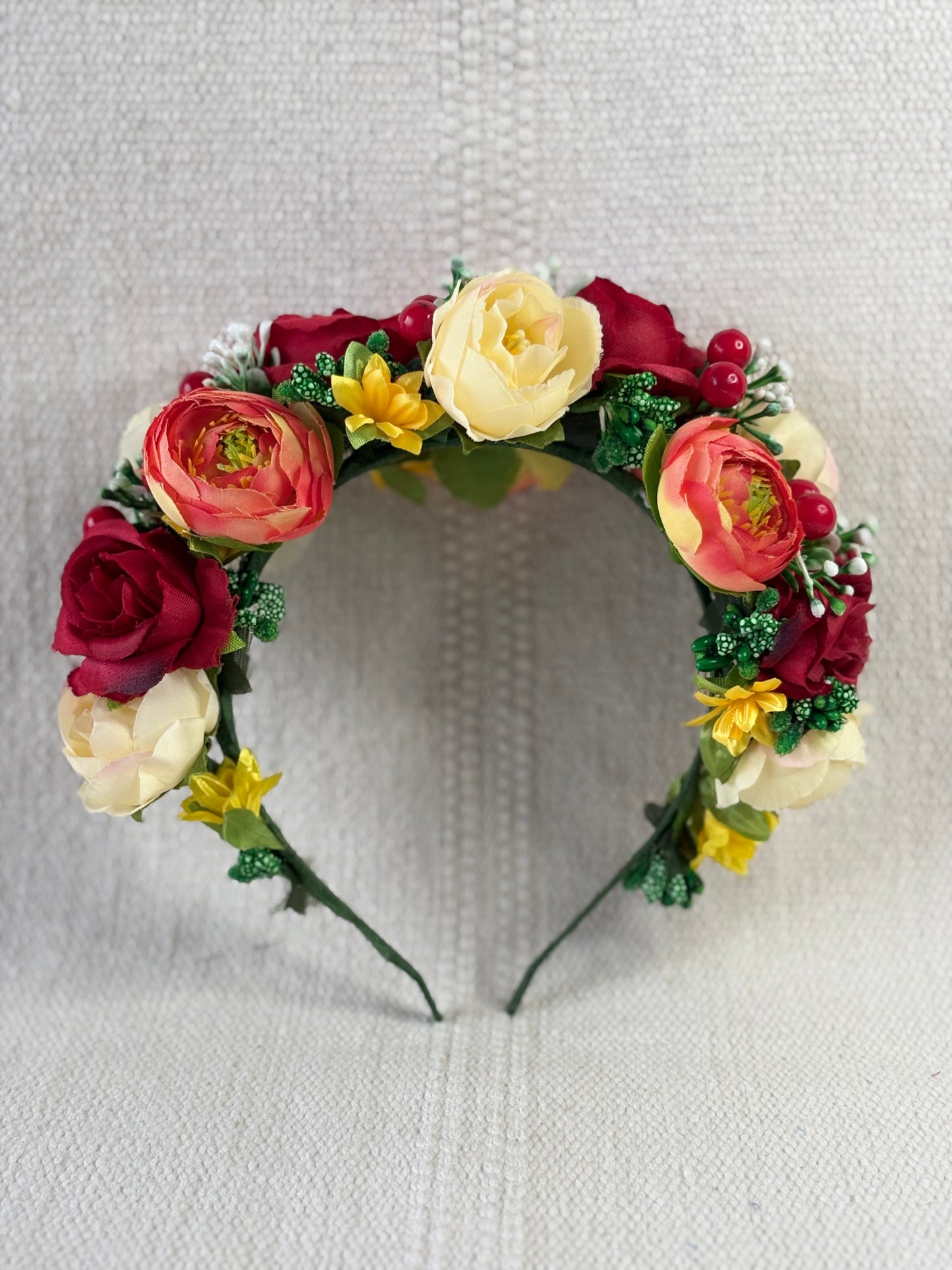 Handmade Flower Crown with Red, Yellow &  Coral Flowers