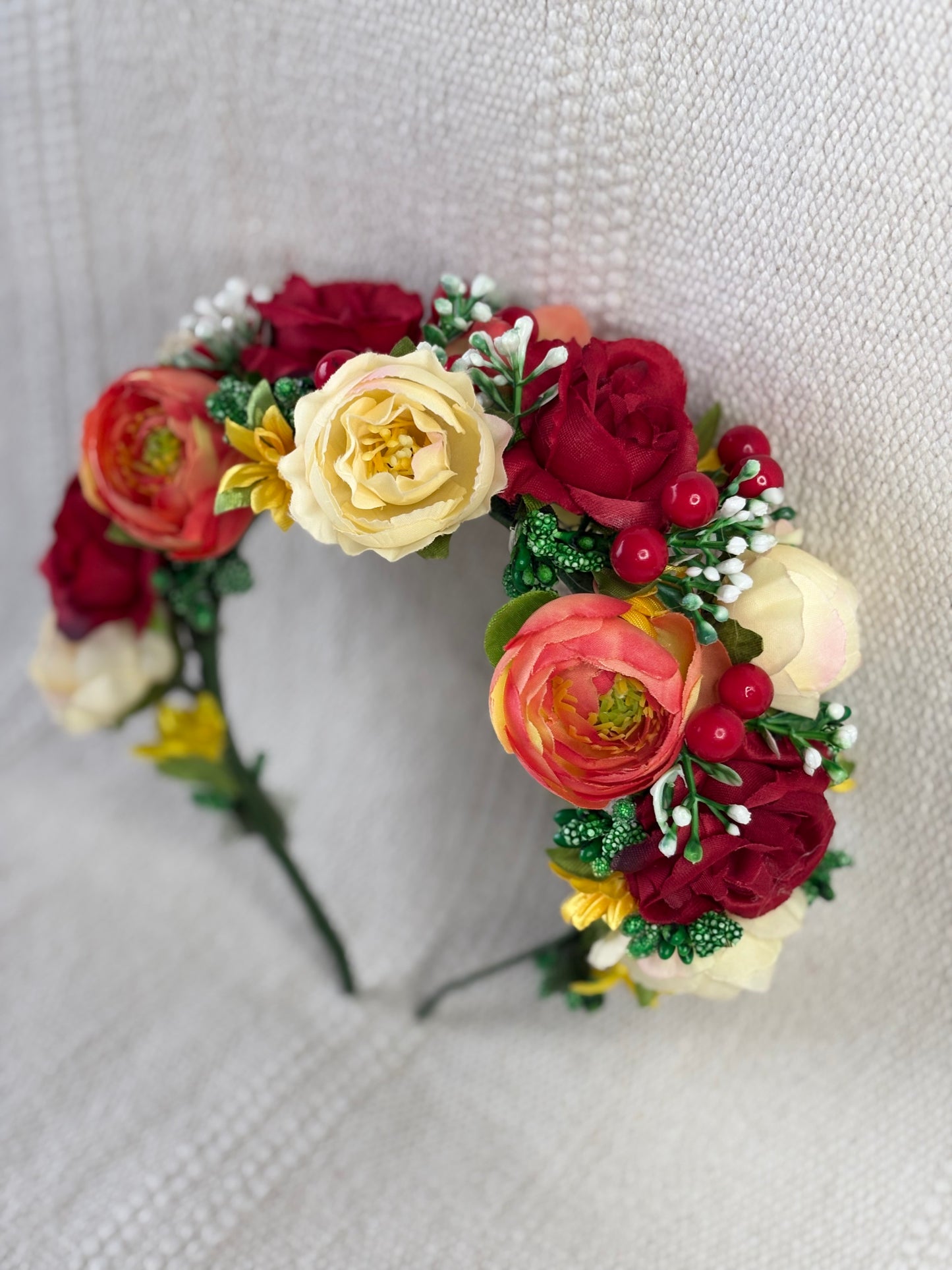 Handmade Flower Crown with Red, Yellow &  Coral Flowers