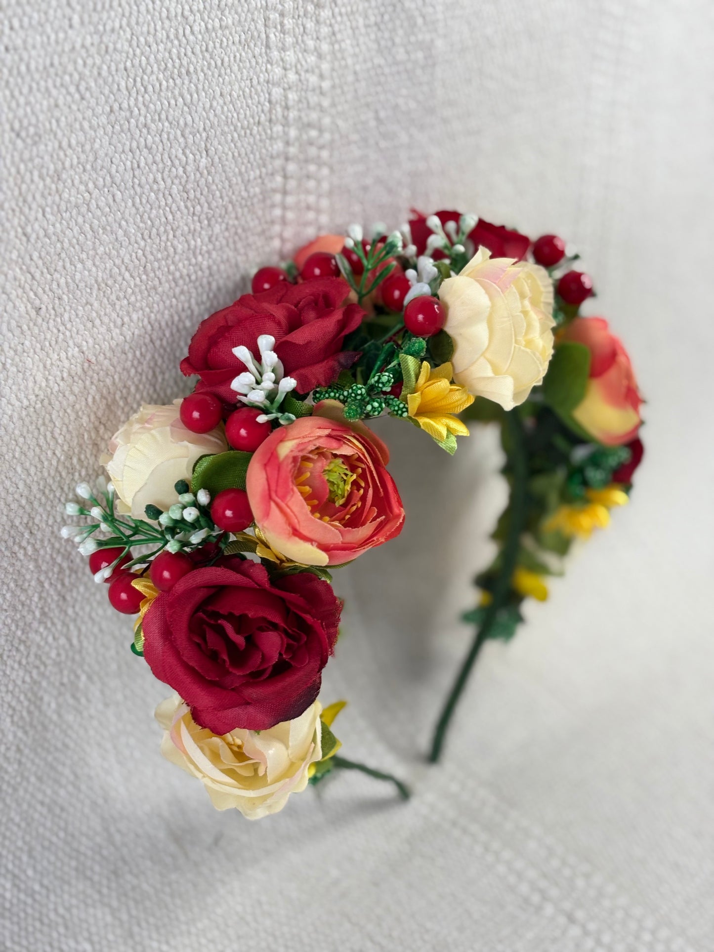 Handmade Flower Crown with Red, Yellow &  Coral Flowers