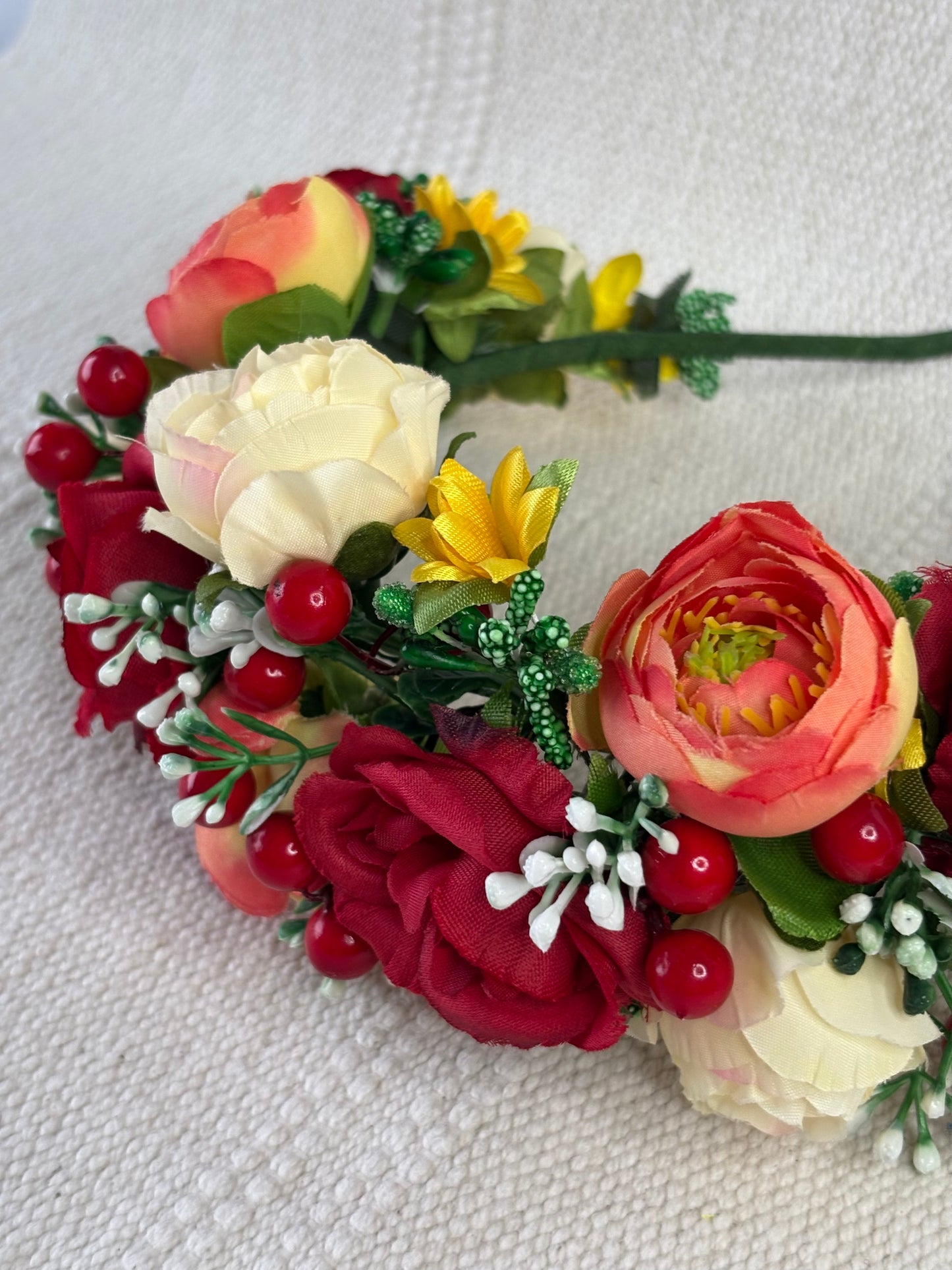 Handmade Flower Crown with Red, Yellow &  Coral Flowers