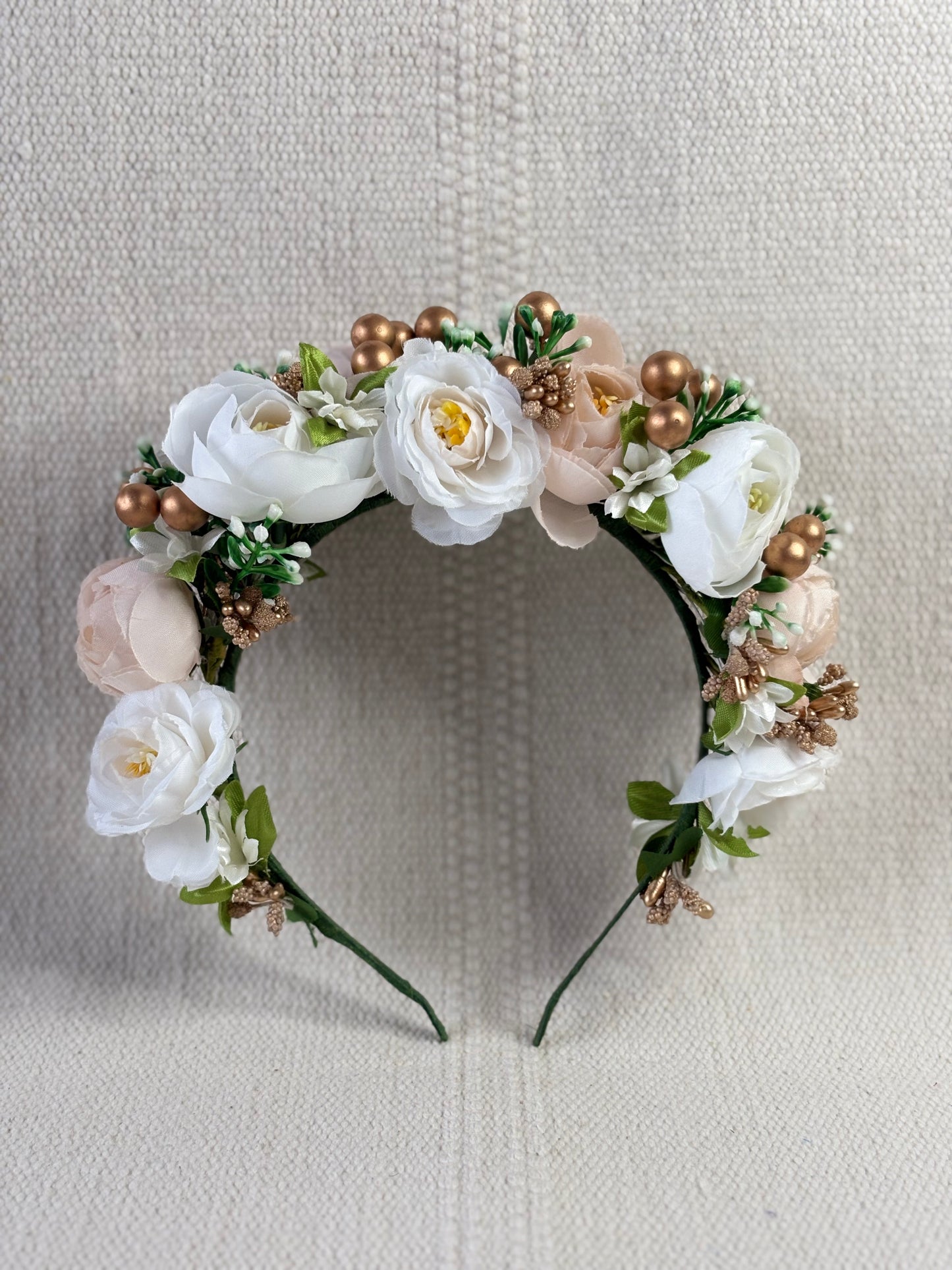 White Handmade Flower Crown with Beige Flowers