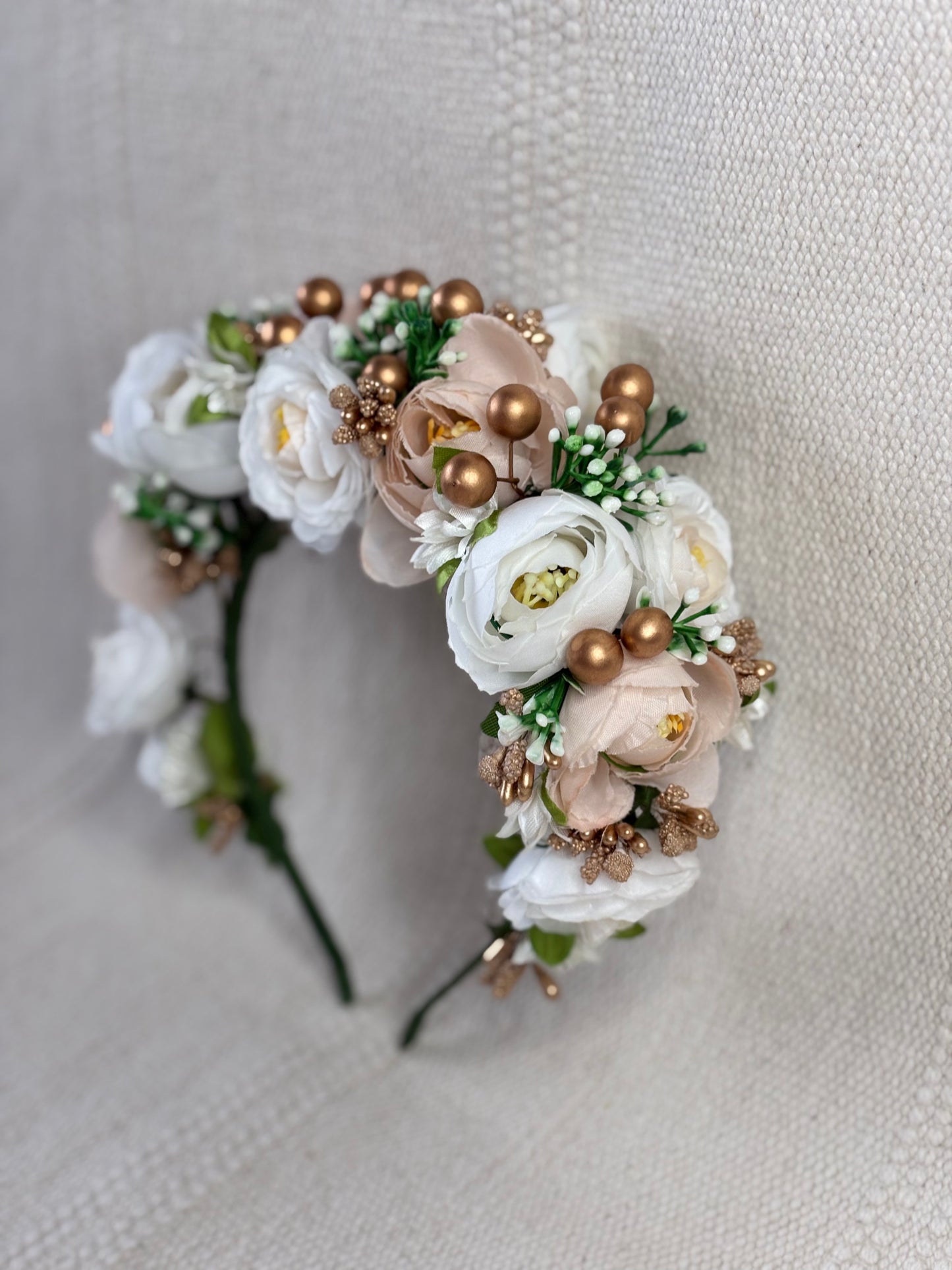 White Handmade Flower Crown with Beige Flowers