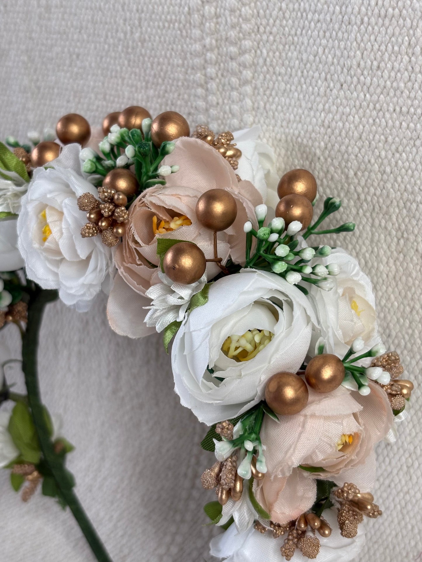 White Handmade Flower Crown with Beige Flowers