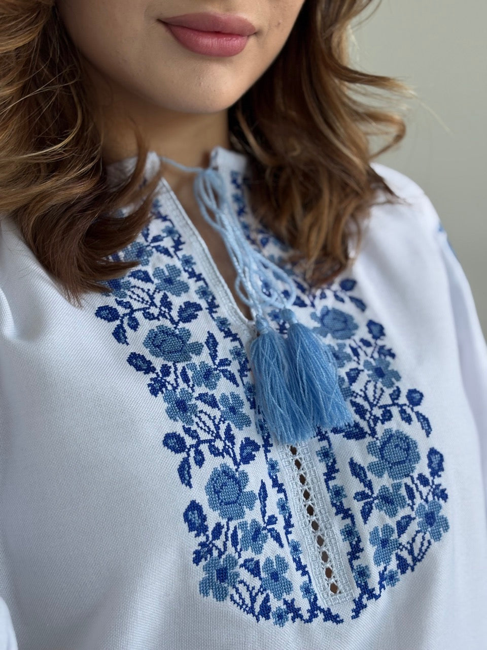 The White Blouse with Blue Flowers and Richelieu